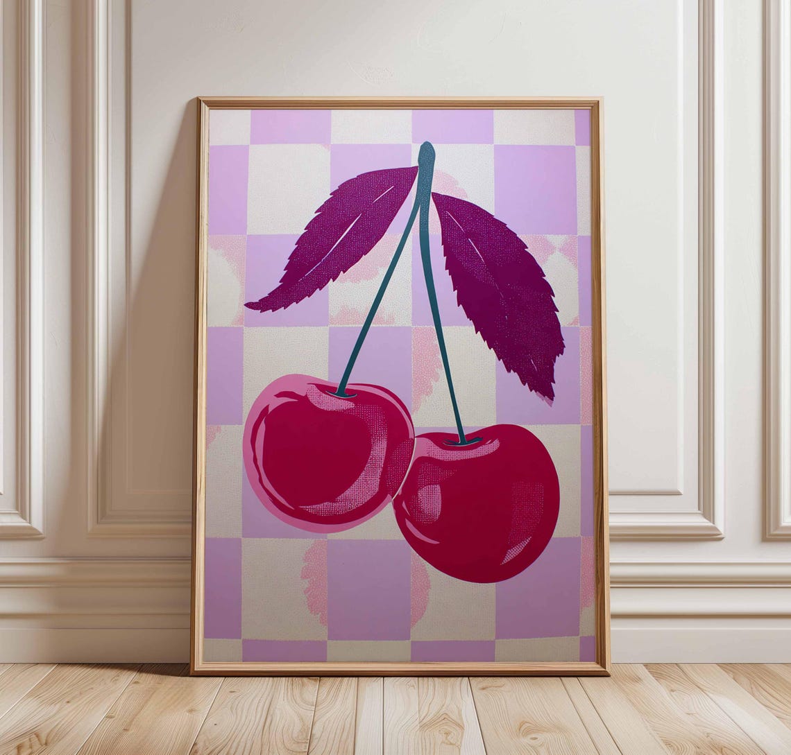 Retro Cherry Pop Art Two Cherries Pink Checkerboard Fruit Poster