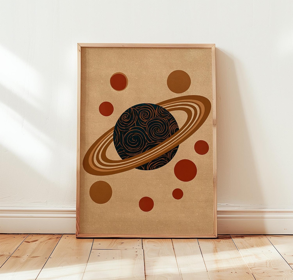 Brown Saturn Retro Celestial Art Print