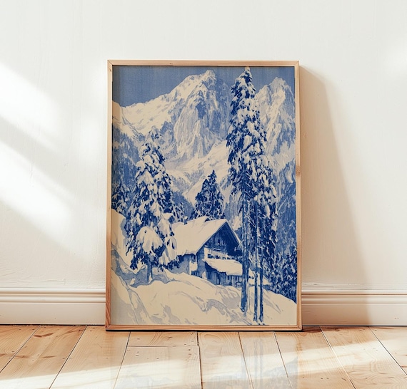 Vintage Blue Snowy Alpine Chalet Cabin Winter Mountain Poster