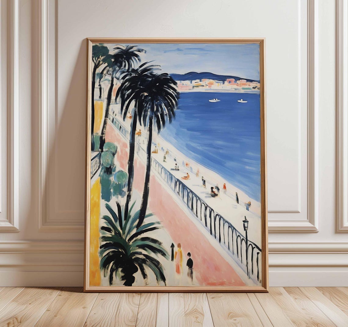 Palm Lined Bay Promenade With Sailboats Painterly Coastal Poster