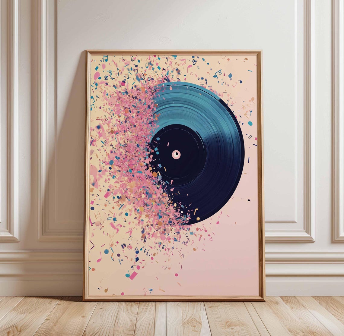 Exploding Vinyl Record Colorful Music Notes Abstract Art Poster