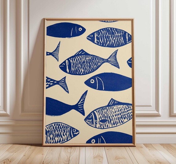 Blue Fish Wall Art Print Nautical Coastal Kitchen Poster Mediterranean Style Linocut Ocean Pattern Unframed Beach Decor