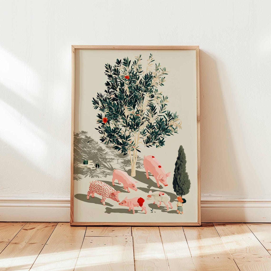 Whimsical Pink Pigs Grazing Under Tree Farm Illustration Poster