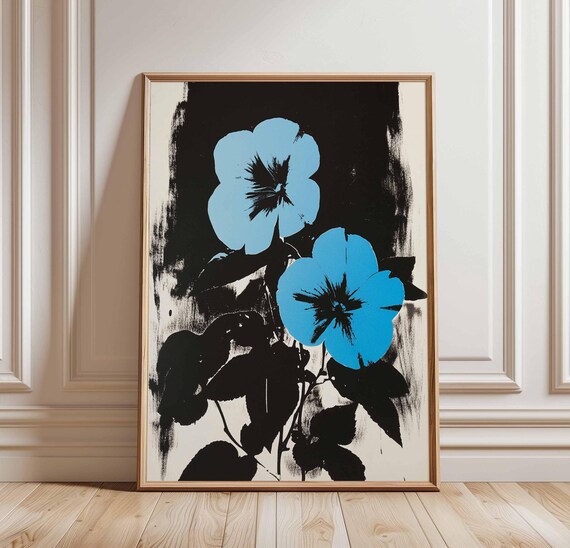 Bold Blue Floral Poster Abstract Flower Art Print Black And White Design Modern Botanical Wall Decor Contemporary Artwork