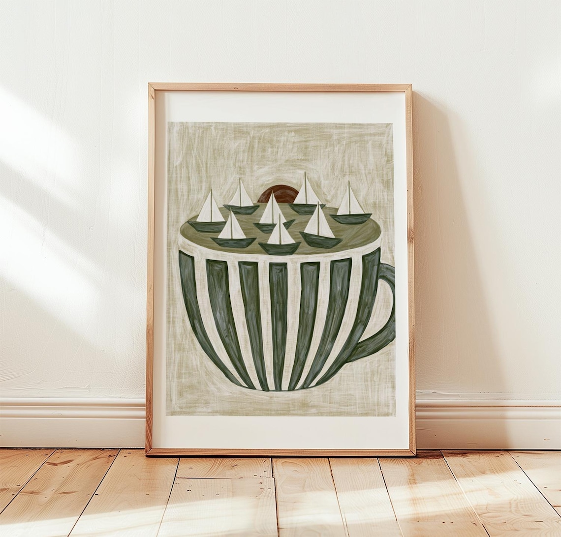 Coffee Cup Poster, Whimsical Coastal Art