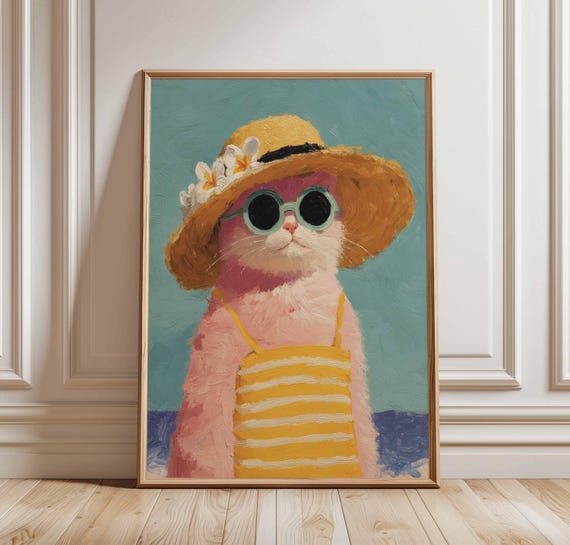 Funny Cat In Sunglasses Wall Art Print Whimsical Summer Poster Beach Animal Painting Playful Pet For Kids Or Nursery