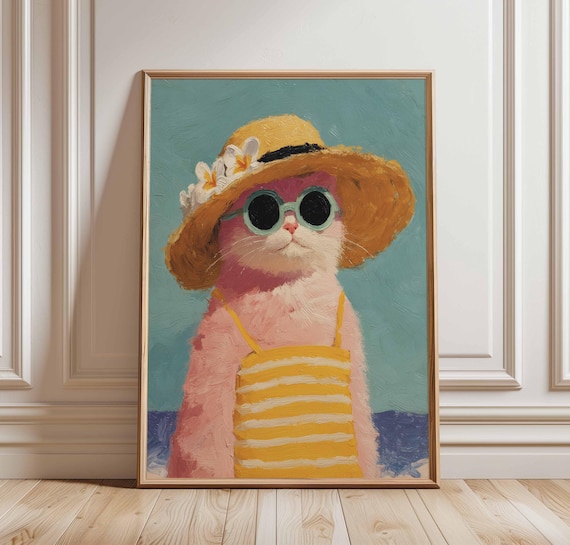 Funny Cat In Sunglasses Whimsical Beach Summer Pet Wall Poster
