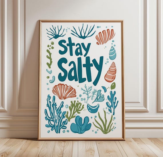 Stay Salty Poster Print Coastal Wall Art With Seashell Coral And Seaweed Illustration Beach House Decor Vintage Linocut Style