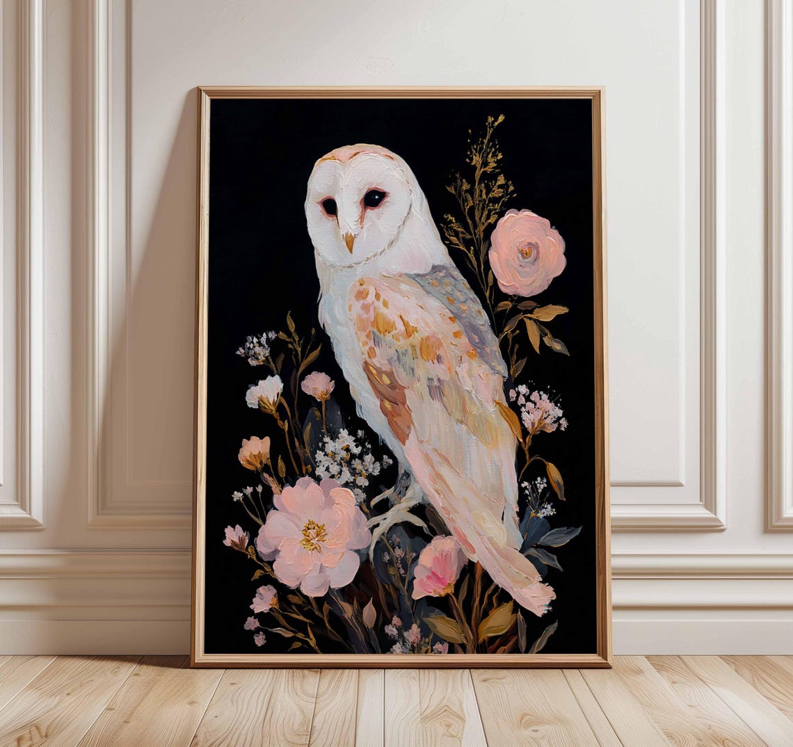 Barn Owl With Pink Flowers Elegant Night Wildlife Art Poster