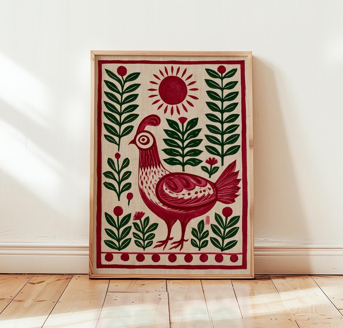 Red Quail Green Folk Botanical Poster Print