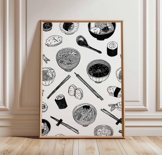 Japanese Ramen Sushi Wall Art Print Minimalist Food Illustration Black And White Kitchen Poster Noodle Chopsticks Decor