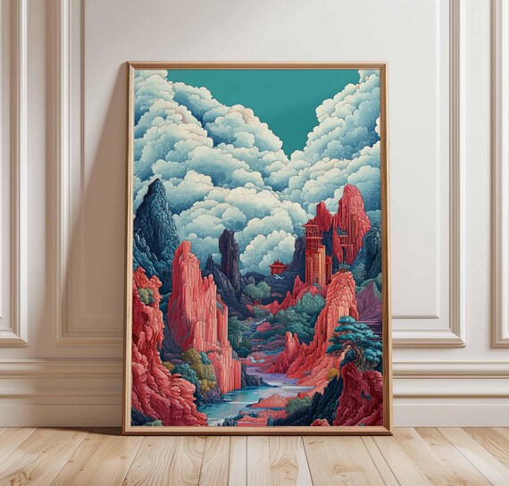 Chinese Landscape Poster Vibrant Mountain Art Fantasy Ink Painting Bold Red And Blue Traditional Asian Scenic Wall Decor