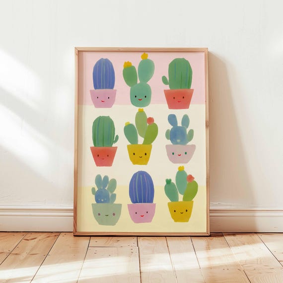 Cute Kawaii Cactus Wall Art Print Smiling Succulent Pots Illustration Colorful Nursery Or Kids Room Poster Unframed