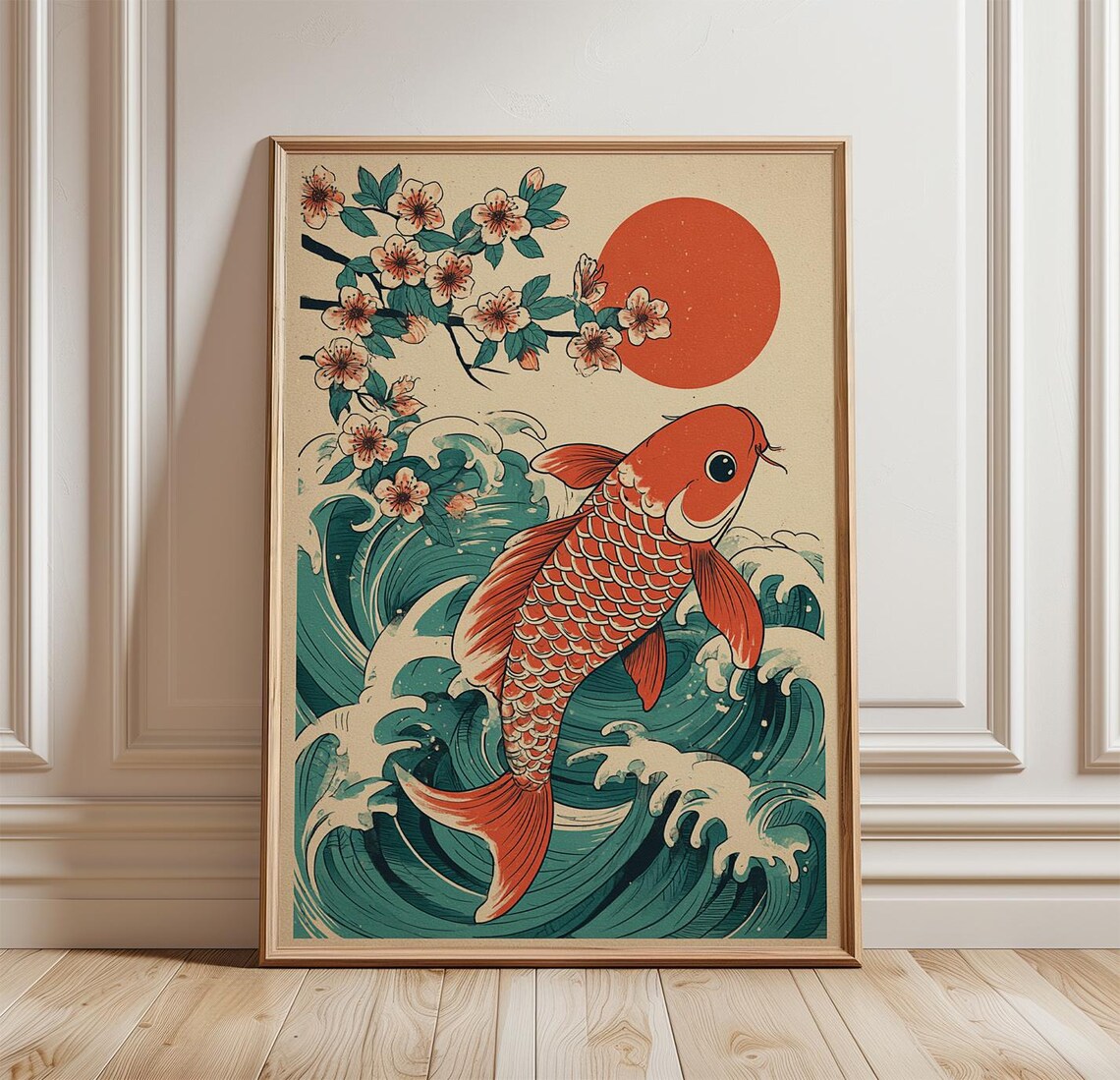 Koi Fish Japanese Poster Print, Cherry Blossom Wave