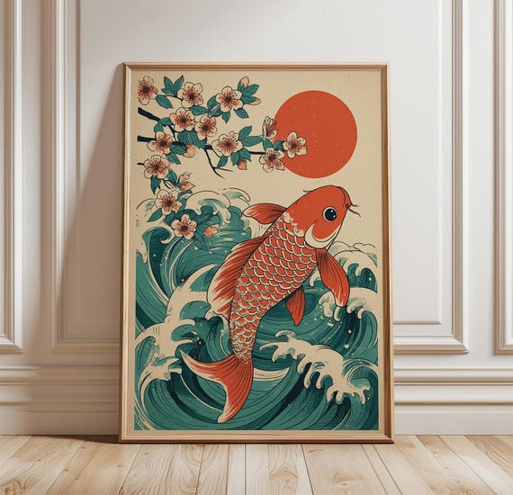 Koi Fish Japanese Poster Print, Cherry Blossom Wave