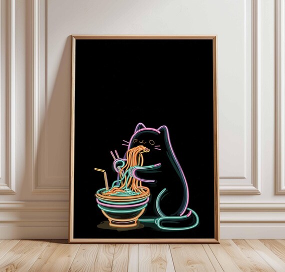 Neon Cat Eating Ramen Noodles Black Background Kitchen Poster