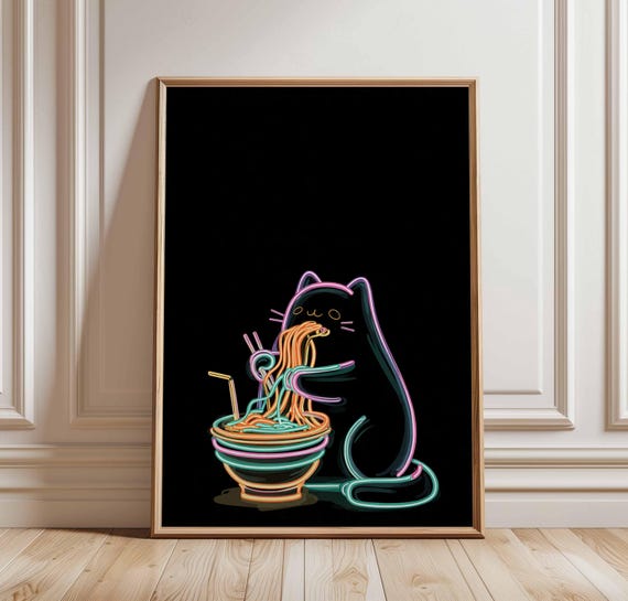 Neon Cat Ramen Poster Cute Black Noodle Wall Art Kawaii Japanese Food Print Funny Kitchen Decor Glow Style Illustration