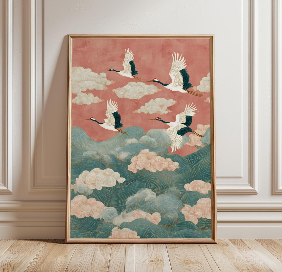 Japanese Crane Wave, Vintage Asian Nature Poster