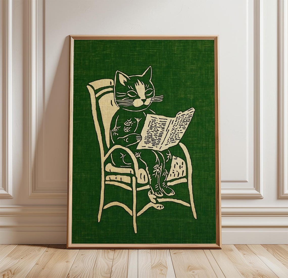 Cat Reading Book Armchair Cream Line Art Dark Green Vintage Poster