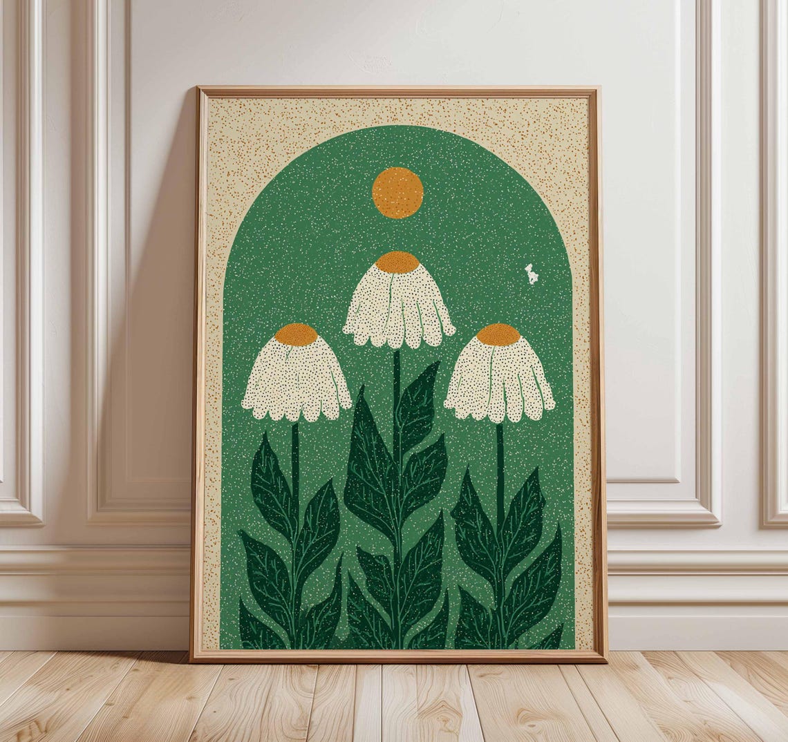 Minimalist White Daisy Botanical Arch Sun Illustration Poster