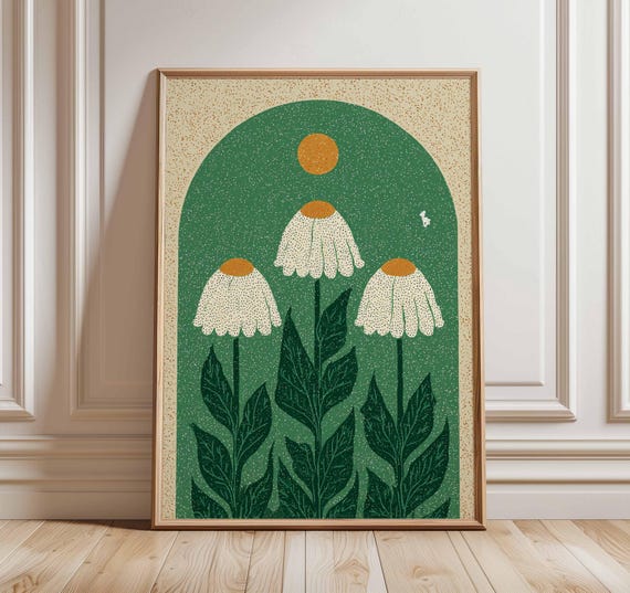 Daisy Flower Poster Minimalist Botanical Wall Art Print Vintage Floral Illustration Green And White Scandinavian Style Nature Decor