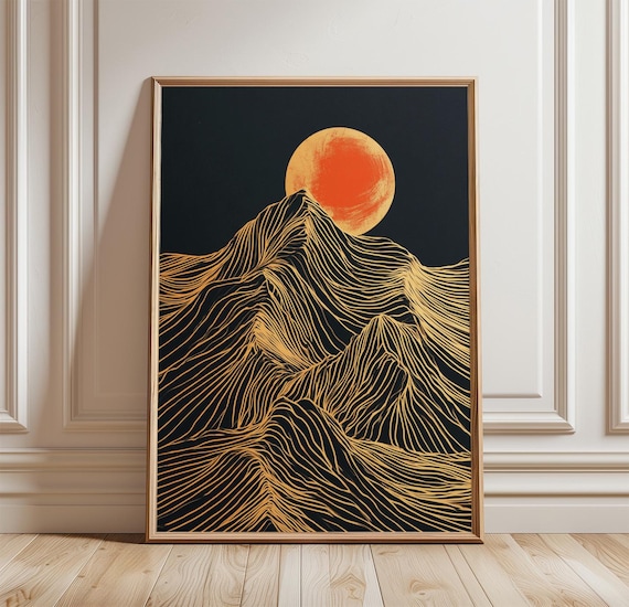 Black Gold Mountain Abstract Moon Landscape, Line Art