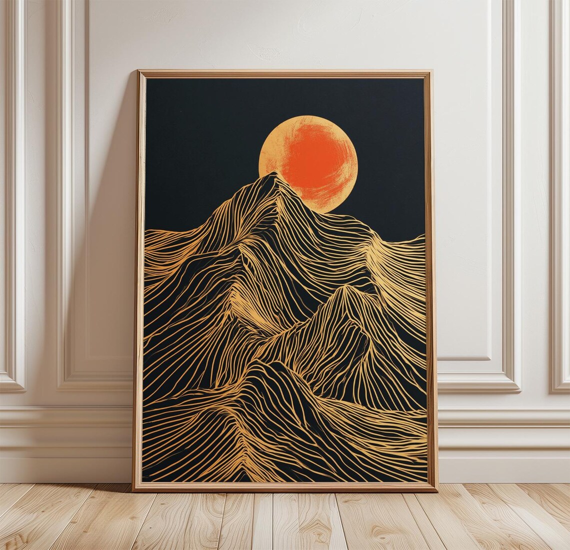 Black Gold Mountain Abstract Moon Landscape, Line Art