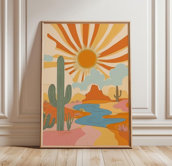 Retro Desert Sunburst Saguaro Cactus River Landscape Art Poster