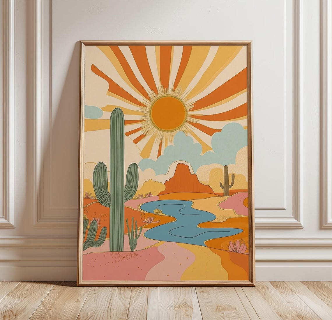 Retro Desert Sunburst Saguaro Cactus River Landscape Art Poster