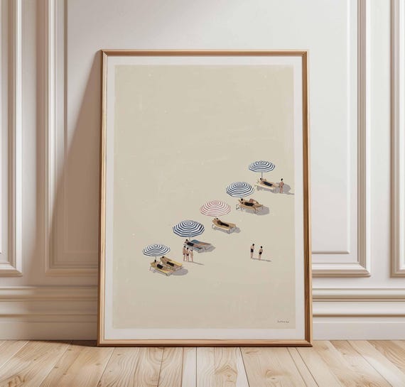 Minimalist Beach Poster Print, Coastal Umbrella Scene