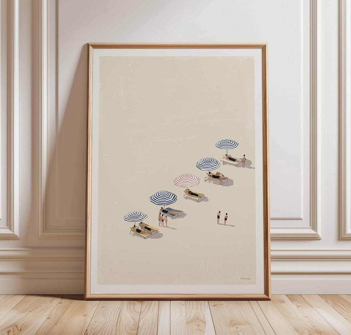 Minimalist Beach Poster Print, Coastal Umbrella Scene