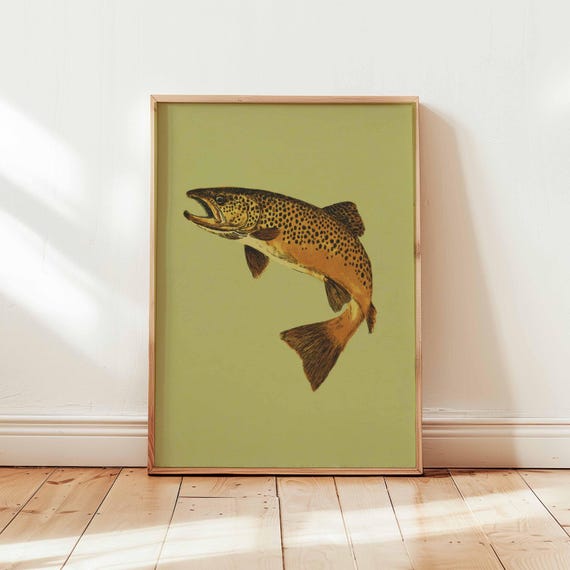 Brown Trout Vintage Fish Poster, Rustic Cabin Decor