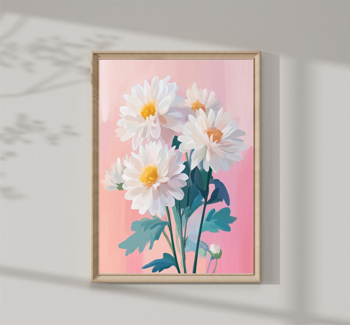 White Daisy Bouquet Yellow Centers Pink Background Floral Art Print