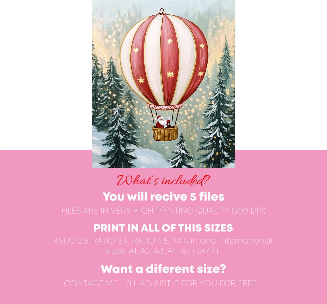 Santa Claus Hot Air Balloon Over Snowy Forest Christmas Art Poster - Image 4