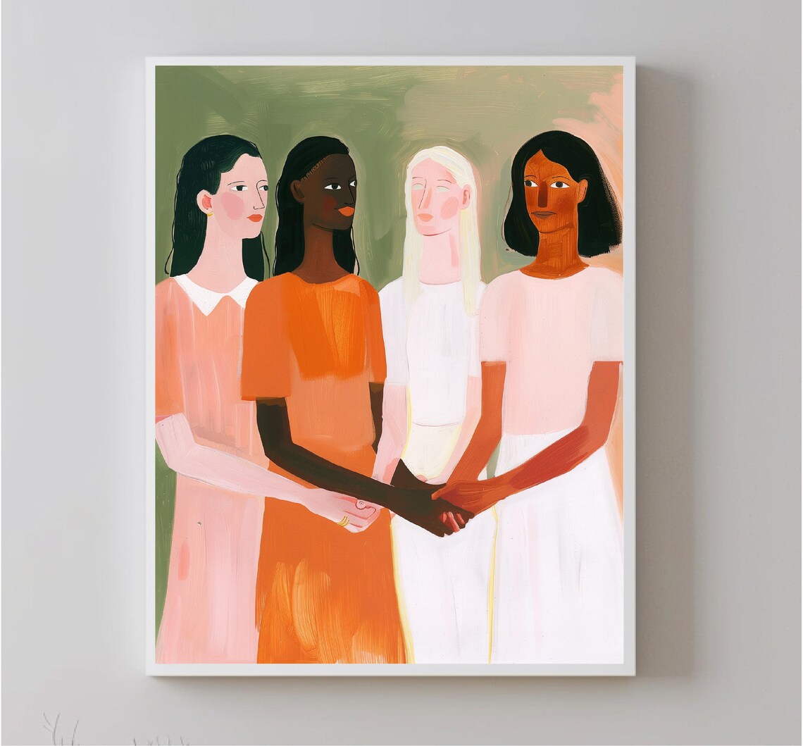 Four Diverse Women Friends Holding Hands Modern Illustration Print - Image 5