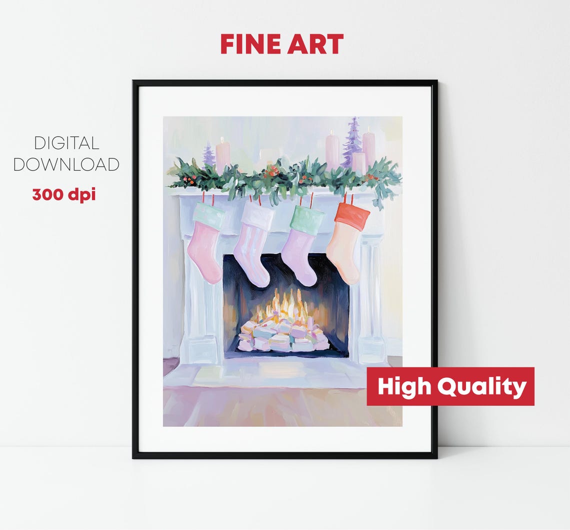 White Fireplace Pastel Stockings Garland Cozy Christmas Mantel Poster - Image 2