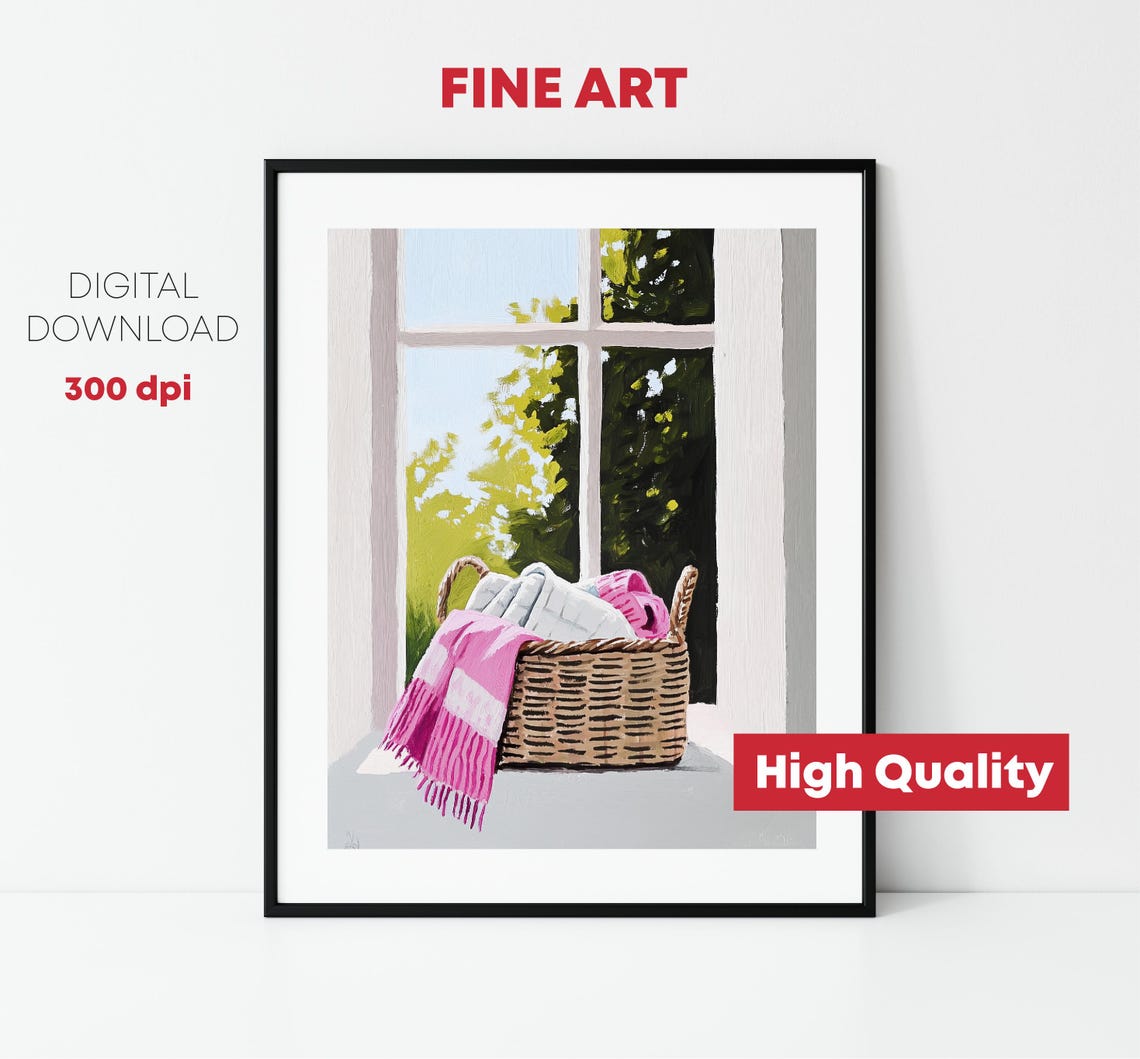 Wicker Basket With Pink Blanket On Window Sill Sunny Home Print - Image 2