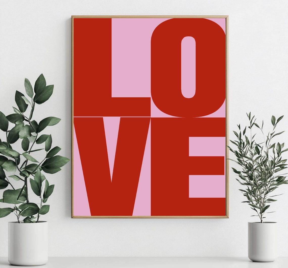 Bold Love Stacked Red Typography Pink Background Modern Wall Art - Image 3