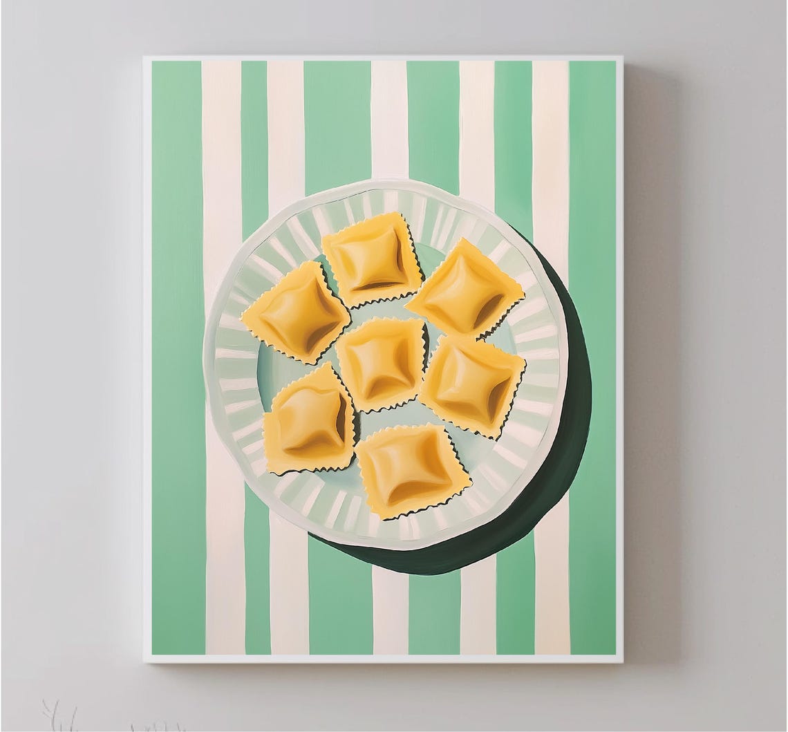 Ravioli On Striped Plate Green Background Italian Kitchen Art Poster