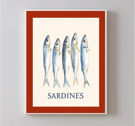 Sardine Art Print Nautical Kitchen Wall Art Coastal Fish Decoration For Dining Room And Restaurant Sardine Vertical Print