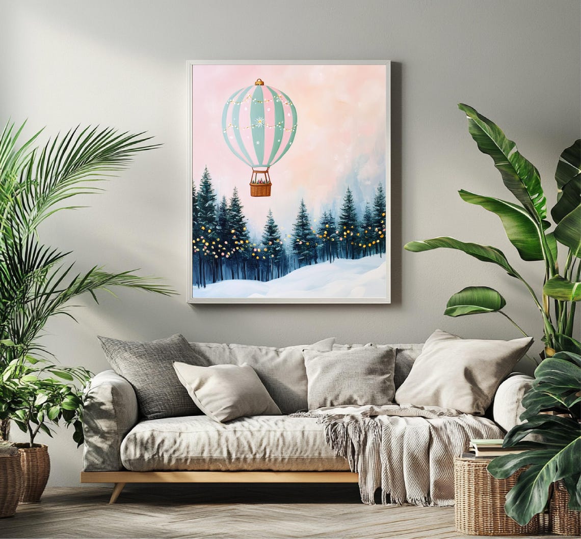 Pastel Hot Air Balloon Over Snowy Forest Pink Sky Holiday Poster - Image 4
