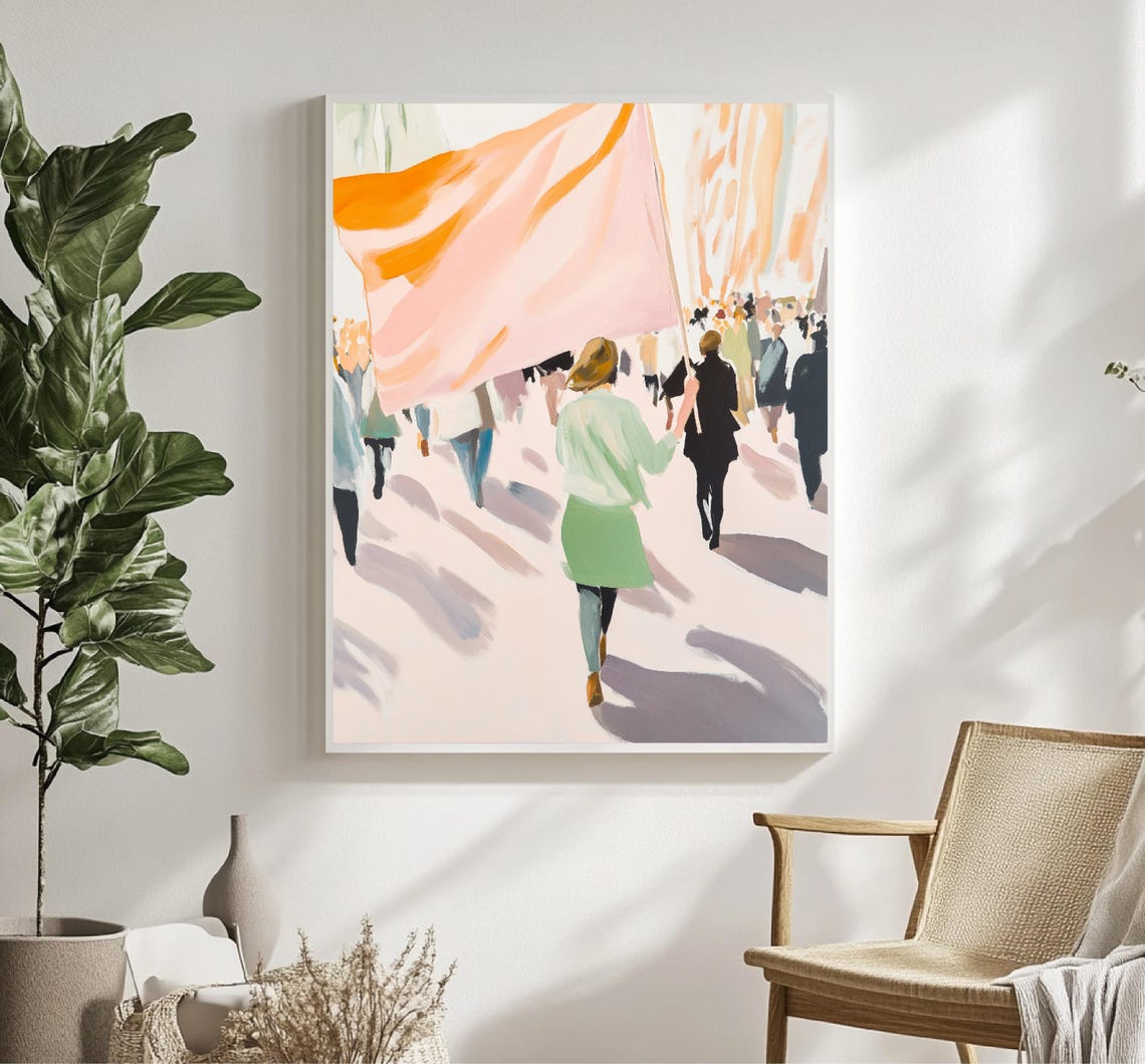 Woman Leading March With Pink Flag Crowd Empowerment Art Poster - Image 3