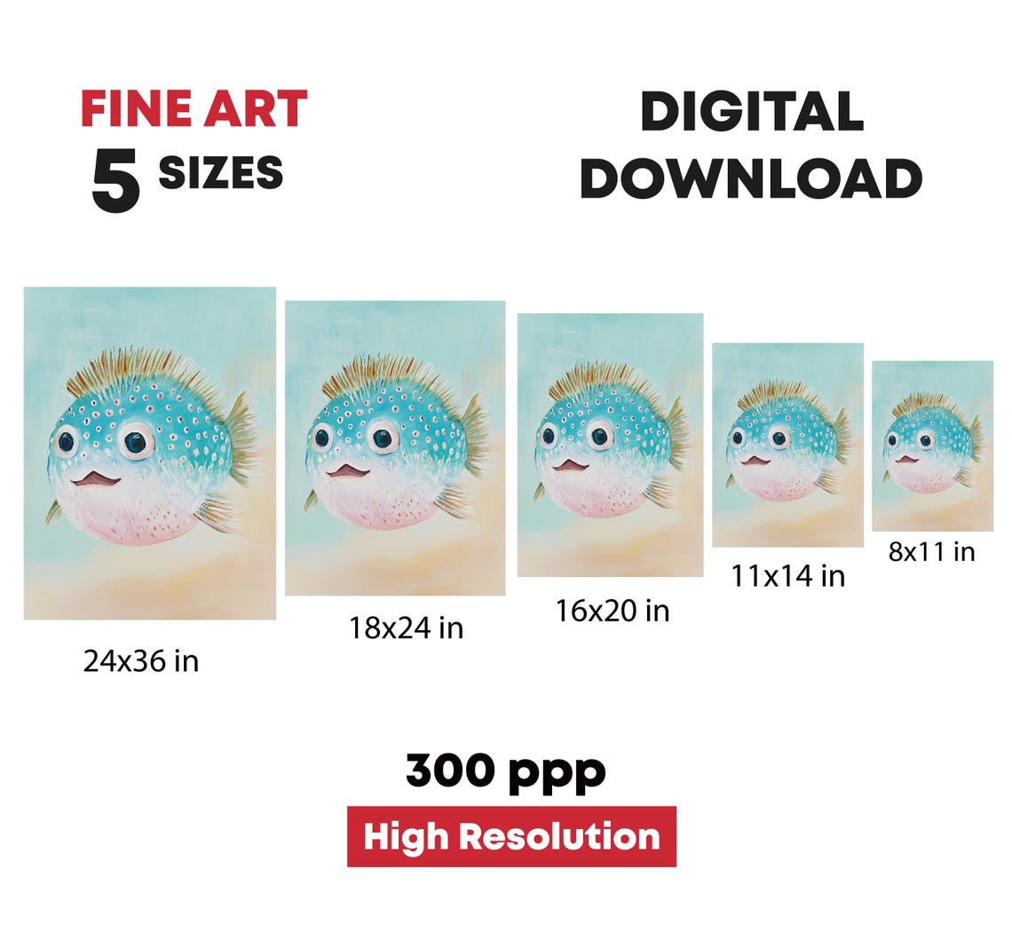 Smiling Blue Pufferfish Portrait Pastel Ocean Nursery Wall Art Print - Image 4