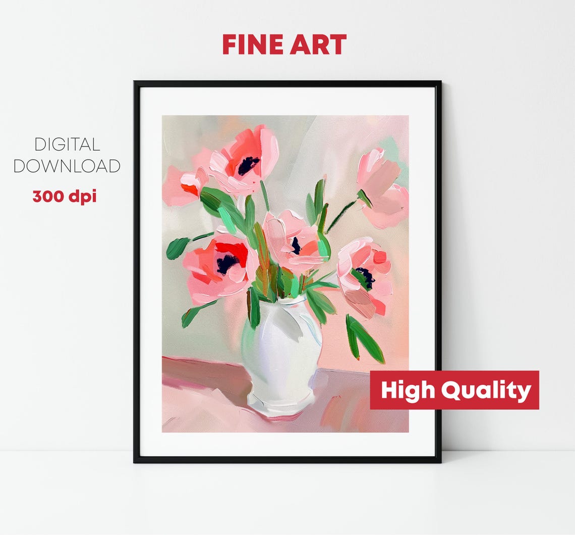 Pink Anemones Bouquet White Vase Impressionist Floral Painting Print - Image 2