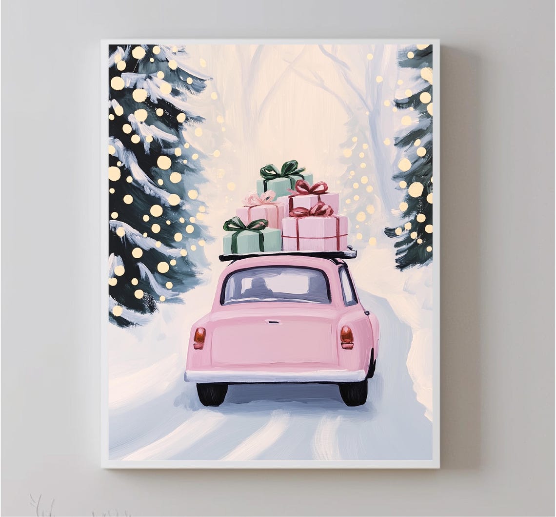 Pink Vintage Car Gifts Roof Snowy Forest Christmas Drive Poster - Image 5