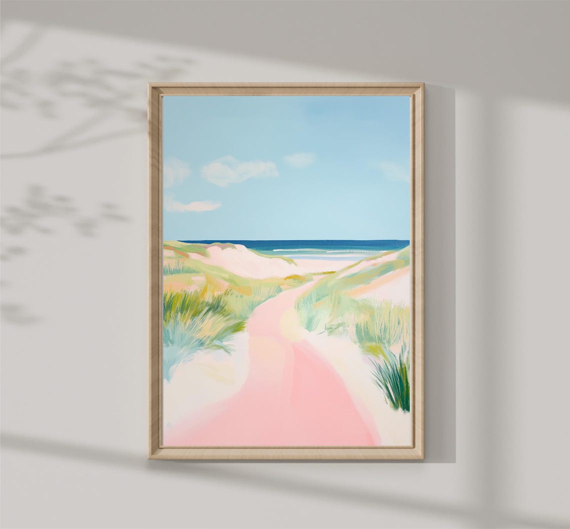 Pink Beach Dune Path Ocean Horizon Pastel Coastal Summer Travel Poster