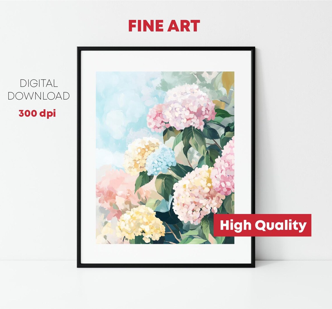 Pastel Hydrangea Bush Pink Blue Yellow Blooms Floral Art Poster - Image 2