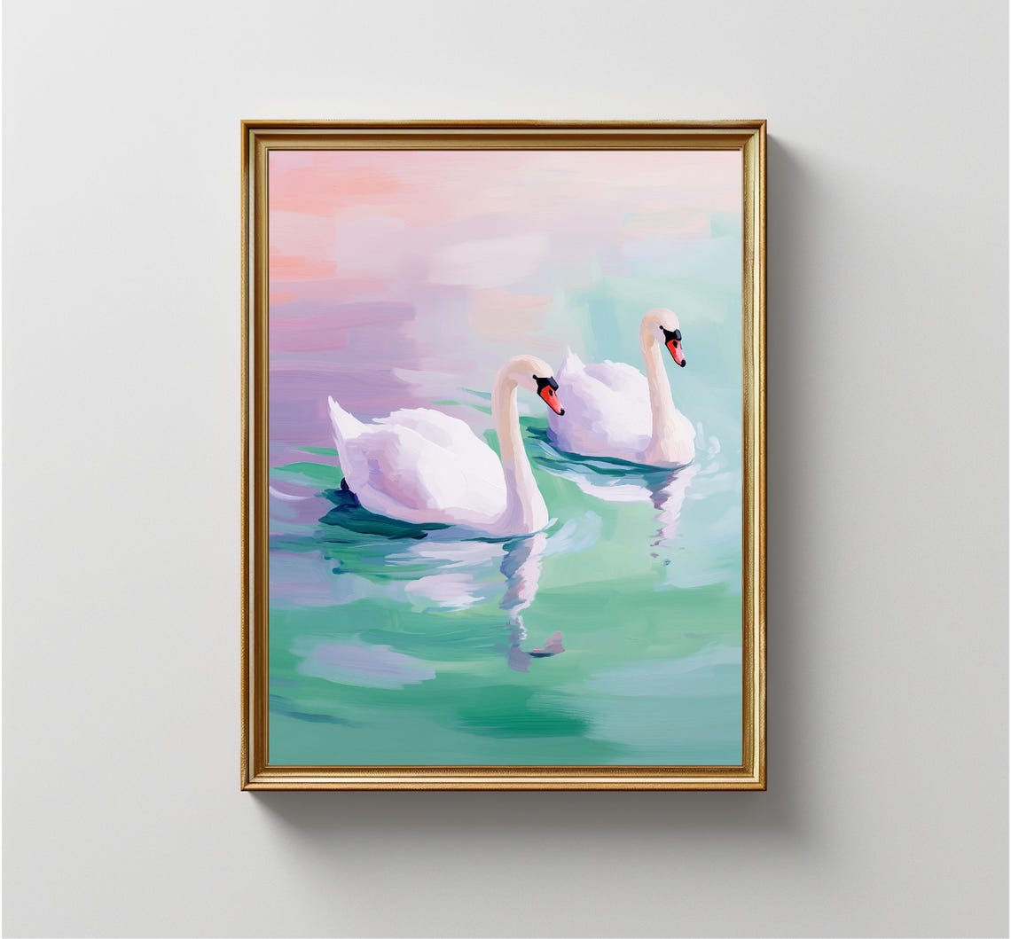 White Swans Pair Pastel Lake Dreamy Water Serene Nursery Wall Art - Image 4