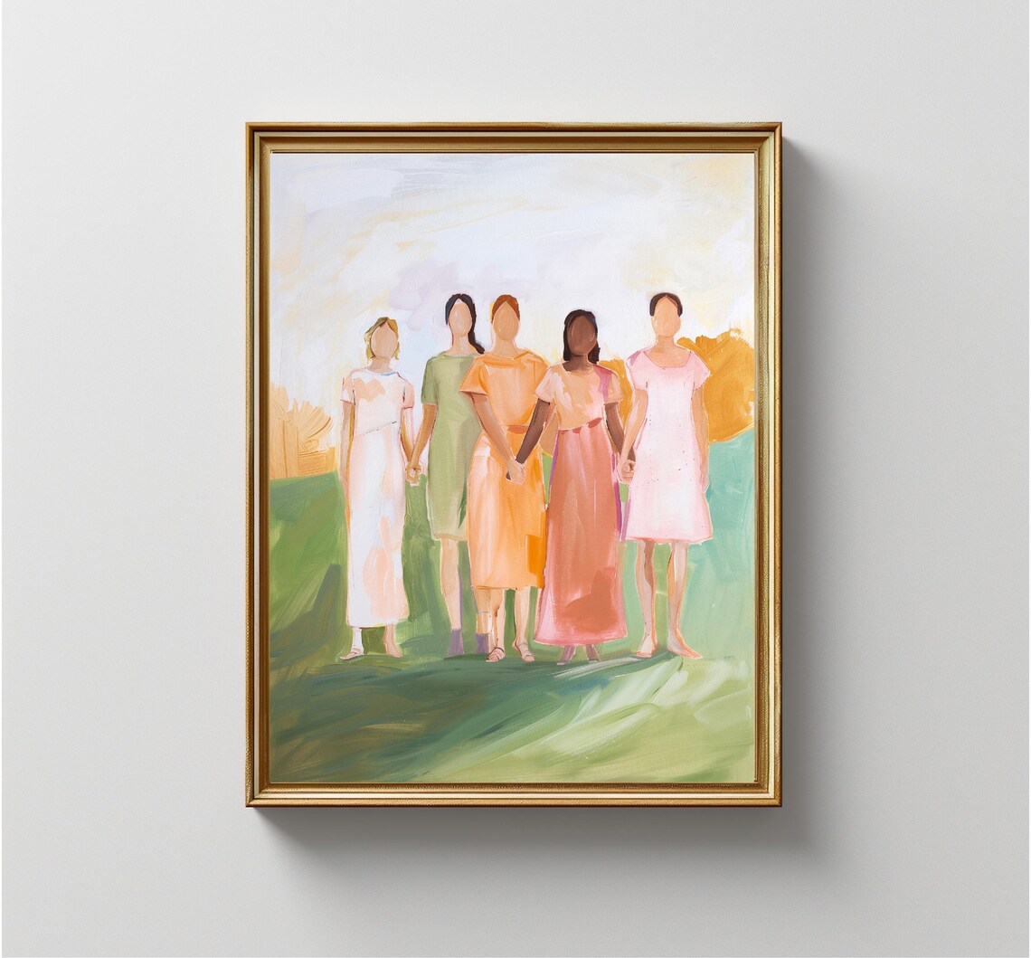 Five Women Friends Holding Hands Pastel Field Painting Art Print - Image 3