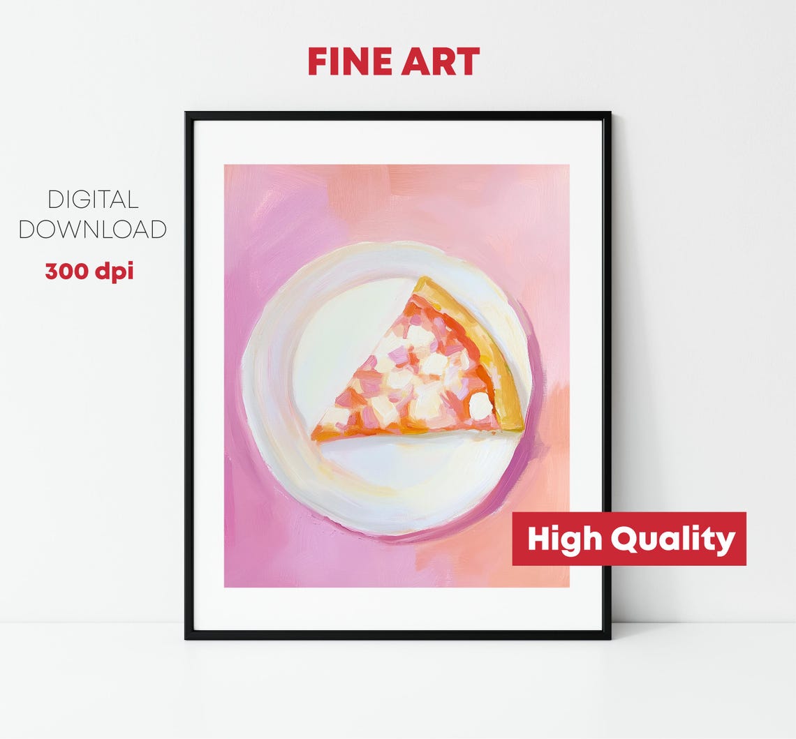 Pizza Slice White Plate Pink Background Playful Food Art Print - Image 2